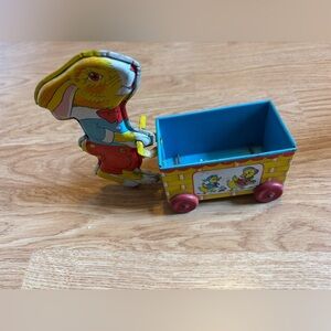 Vintage Tin Easter J Chein Tin Litho Easter Bunny- Wooden Wheels